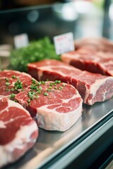 Freshly cut ribeye steaks displayed on a butcher's counter in a market during the day