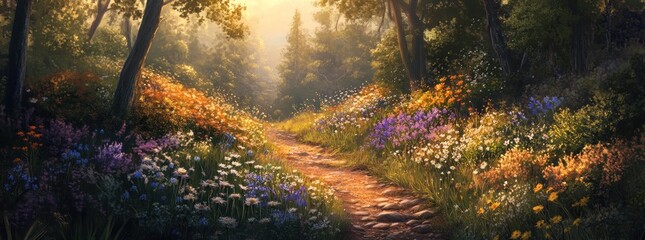 Obraz premium A serene forest path adorned with vibrant wildflowers, inviting tranquility and exploration.