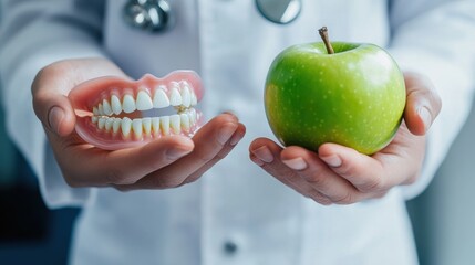 A dentist carefully holding a false denture in one hand and a fresh green apple in the other, representing dental health and care