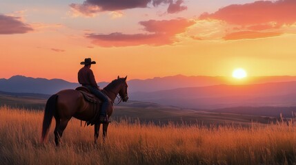 Silhouette of a cowboy on horseback against a vibrant sunset over misty mountains