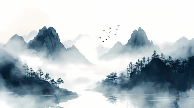 Traditional asian scroll painting with minimal color, depicting misty mountains and serene landscapes. Misty Mountains. Illustration