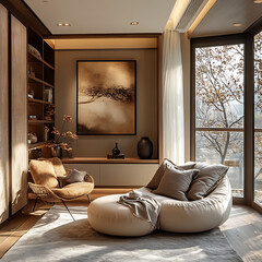A cozy living room featuring a large front window, decorated in warm brown tones, creating a comfortable and inviting atmosphere for relaxation and socializing.