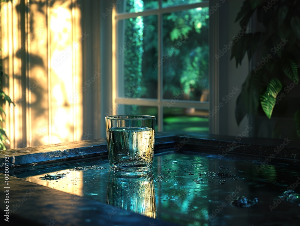 Sticker Glass of Water on Marble Surface with Sunlight and Reflection