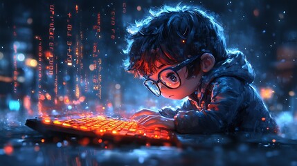 Chibi Programmer Typing on a Large Keyboard at Night