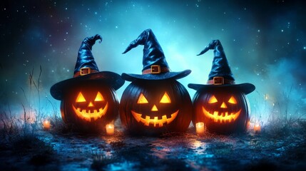 Fototapeta premium Glowing Jack-o'-Lanterns with Witch Hats in a Spooky Halloween Forest