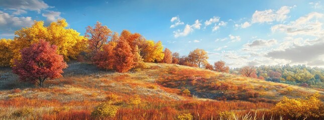 Naklejka premium A vibrant autumn landscape with colorful trees and a clear blue sky.