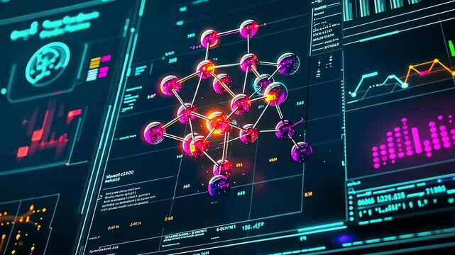 A high-tech digital display shows dynamic molecular structures with vibrant colors set against a background of futuristic data charts and graphs, indicative of a scientific research laboratory.