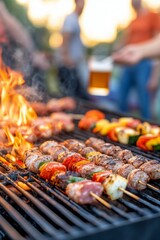 Naklejka premium Grilling skewers with colorful vegetables and meat during a sunny afternoon barbecue gathering