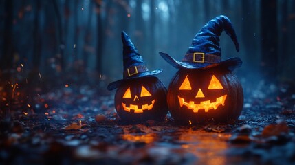 Fototapeta premium Glowing Jack-o'-Lanterns with Witch Hats in a Spooky Halloween Forest