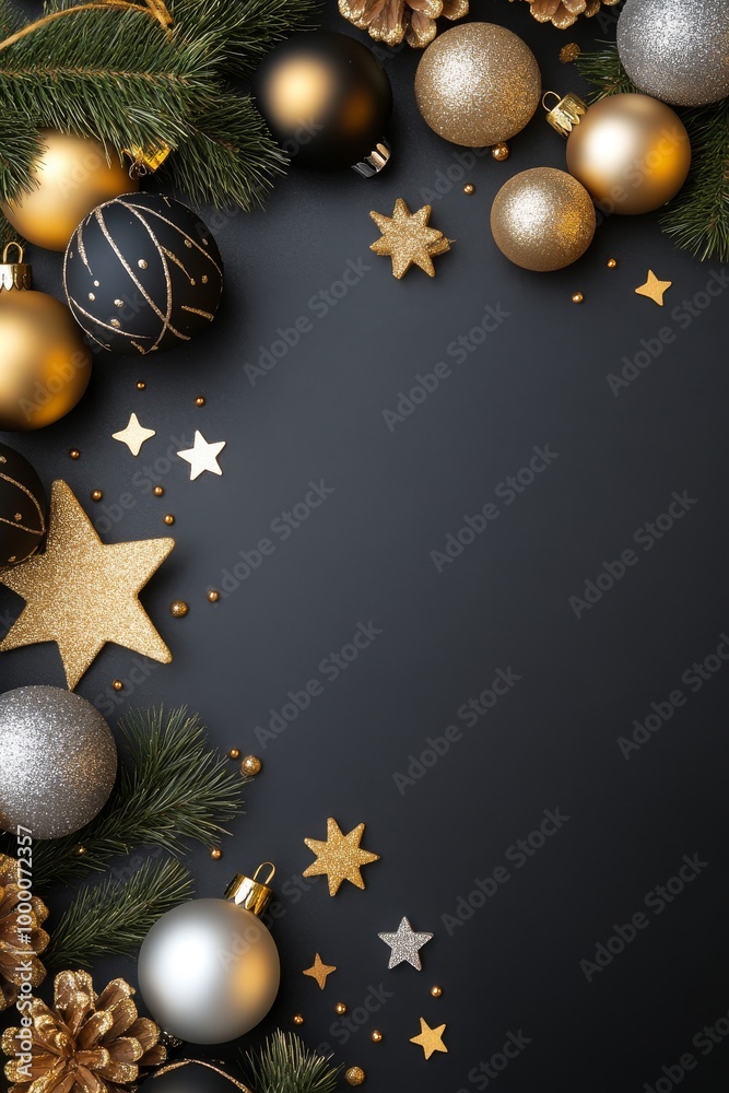 Poster Elegant Christmas decorations with festive ornaments and pinecones on a dark surface