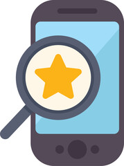 Magnifying glass is hovering over a smartphone, searching for a five star review