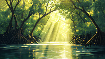 Serene view of lush mangrove forest with sun rays filtering through trees on calm water. Mangrove Forest. Illustration