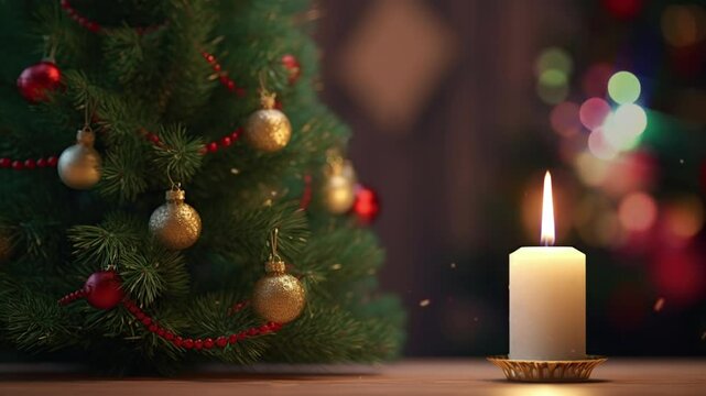 A lit candle with lights and christmas tree in the background