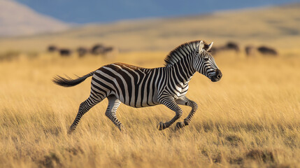 African zebra galloping joyfully across golden grassland in sunny environment
