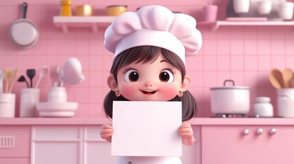 A cheerful child in a chef's hat holds a blank sign in a pink kitchen.