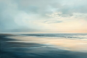 Fototapeta premium A Coastal Painting of a Sandy Beach and Ocean Waves with a Cloudy Sky