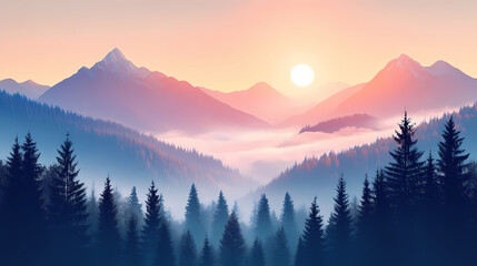 Obraz premium Sunrise over mountain forest. Misty Mountains. Illustration
