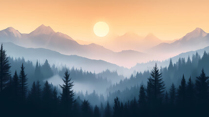 Sunrise over mountain forest. Misty Mountains. Illustration