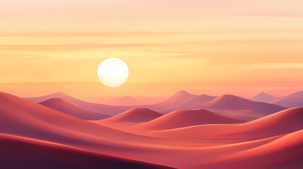 Fototapeta premium Sunset over a vast expanse of rolling sand dunes in the desert. Rolling Dunes. Illustration