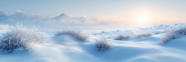Obraz premium A vast expanse of snow-covered tundra, isolated on a pastel white background, representing the quiet, pristine beauty of polar landscapes,