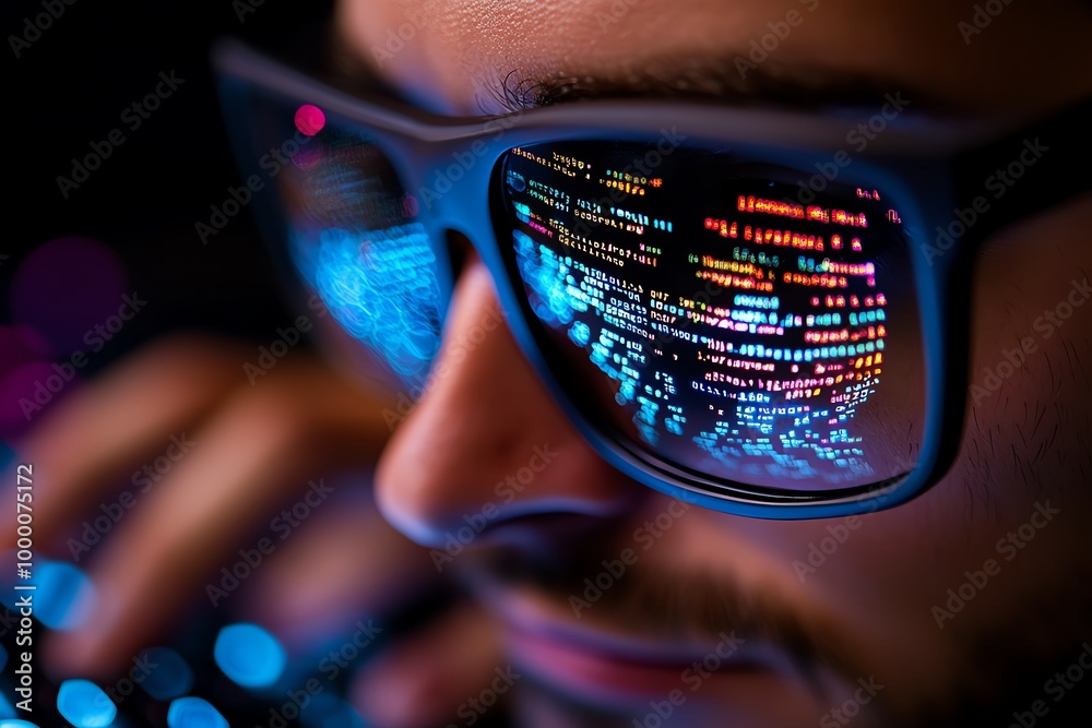 Poster Close-up of a hacker's hands typing on a keyboard, with code reflected in the glasses, showing precision and focus in their digital infiltration