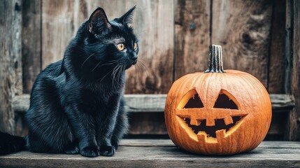 A black cat gazes at a carved pumpkin on a rustic wooden table, bathed in soft morning light.