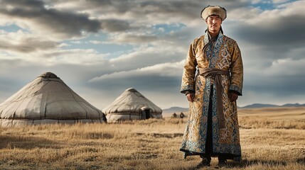A man dressed in a traditional Mongolian deel, standing in front of a scenic mountain range with traditional yurt dwellings.