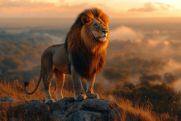 Obraz premium A majestic lion standing proudly on a hilltop, isolated on a pastel beige background, symbolizing strength and dominance,