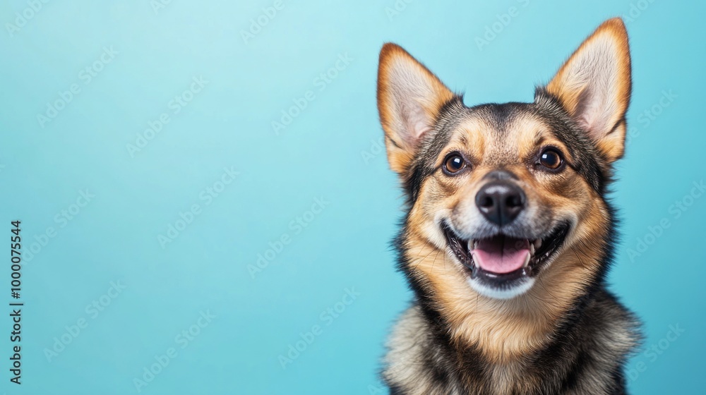 Wall mural a cheerful dog with a bright smile against a blue background.