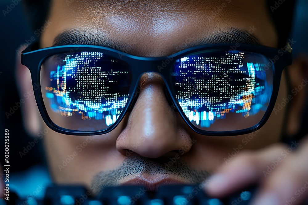 Aufkleber Close-up of a hacker's hands typing on a keyboard, with code reflected in the glasses, showing precision and focus in their digital infiltration