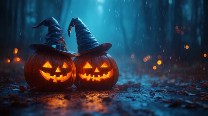 Fototapeta premium Glowing Jack-o'-Lanterns with Witch Hats in a Spooky Halloween Forest