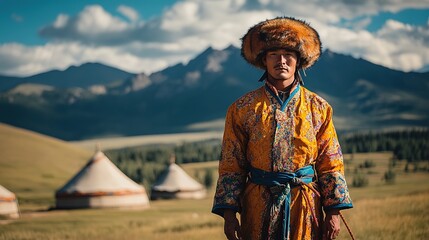 A man dressed in a traditional Mongolian deel, standing in front of a scenic mountain range with traditional yurt dwellings.
