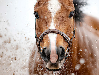 A horse with a brown and white face is splashing water with its head