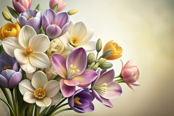 Fototapeta premium A vibrant bouquet of spring flowers in soft pastel hues illuminated by gentle natural light, bringing joy and freshness indoors. Generative AI