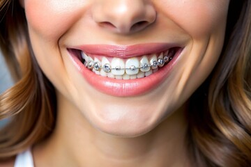 Obraz premium A woman with braces on her teeth is smiling