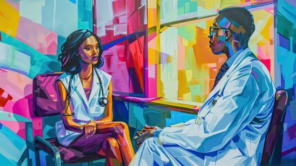 A mural of a beautiful model consulting with a doctor in a vibrant