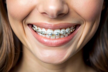 Fototapeta premium A woman with braces on her teeth is smiling