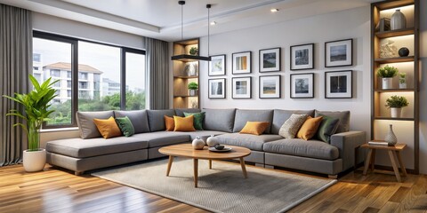 Contemporary Luxury Living Elegant Gray Sectional Sofa in Modern Urban Interior with Gallery Wall and City View - Relaxing Sophistication for Home Decor Inspiration