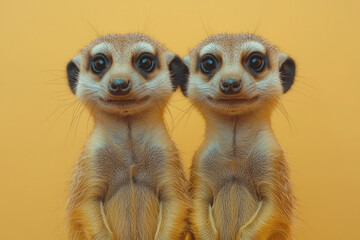 Fototapeta premium A pair of meerkats standing on their hind legs, isolated on a pastel beige background, showcasing their alert and curious nature,