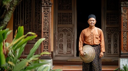 Obraz premium A man dressed in a traditional Malaysian baju melayu, standing in front of a traditional Malay house with ornate carvings.