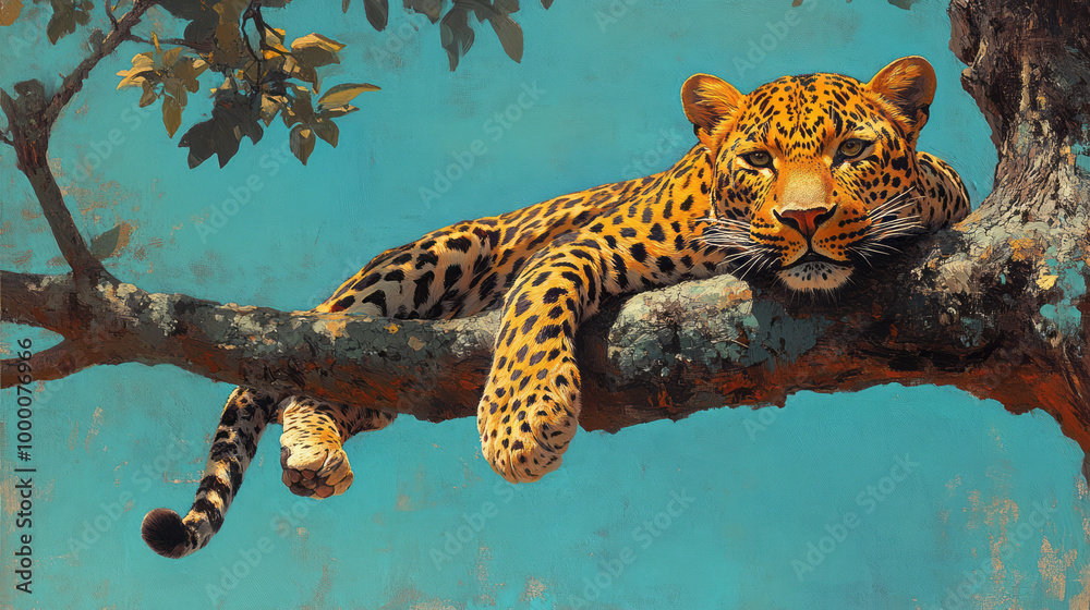 Poster a leopard lounging in a tree, isolated on a pastel blue background, representing its stealth and agi