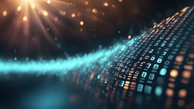 Abstract digital background with binary code and glowing light.
