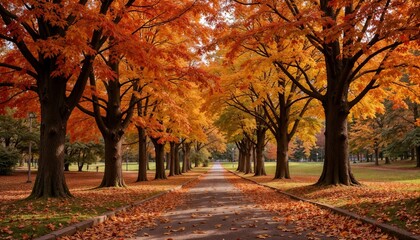 Background of autumn path in park lined with trees having red, orange, and yellow leaves