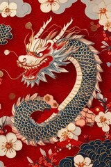 Fototapeta premium Elegant white dragon soaring through red clouds in vibrant traditional artwork