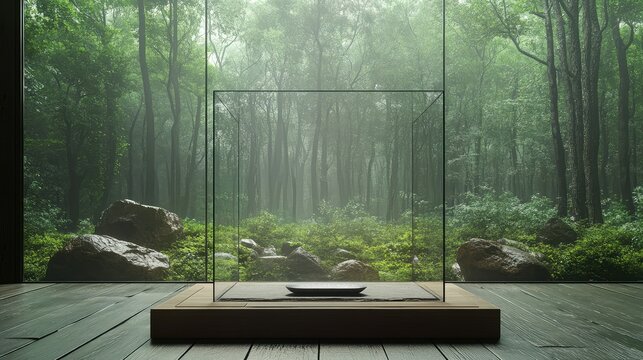 A serene meditation room, where the forest in the glass box is placed on a simple wooden altar, the natural textures enhancing the calm atmosphere