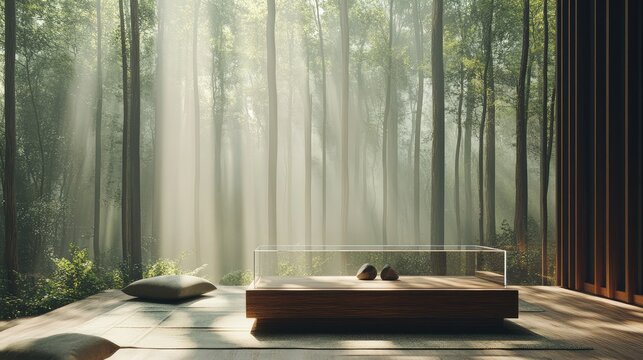 A serene meditation room, where the forest in the glass box is placed on a simple wooden altar, the natural textures enhancing the calm atmosphere