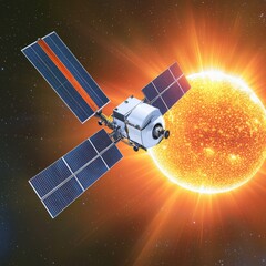 Fototapeta premium Satellite orbiting a bright sun in space, showcasing solar panels and sun rays.