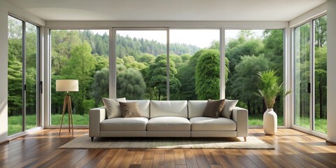 Minimalist Luxury White Sofa in Modern Living Room with Panoramic Forest View, Serene Interior Design Concept