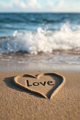 Heart-shaped love message carved in sand on a beach with waves gently lapping at the shore © olegganko