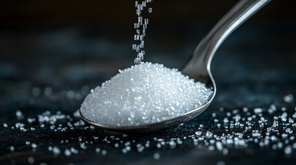 
Granulated white sugar pouring from a silver spoon onto a smooth surface.